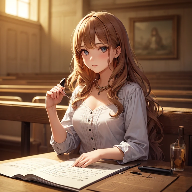 Beautiful girl with wavy long hair，Dressed in a bohemian style，Handwritten Springfield Model 1861，and show the audience
