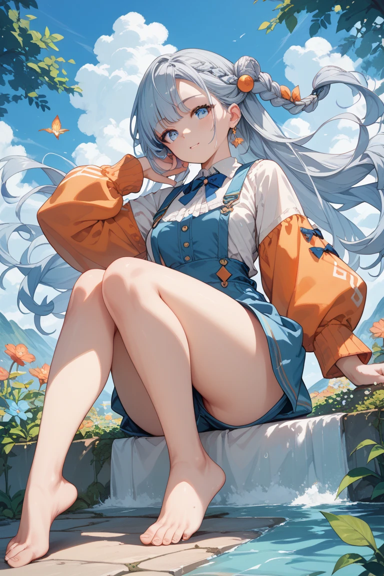 1girl, Orange sleeves, gray hair, fair skin, light blue hair accessories, Blue suspenders, blue clothes, pale blue color eyes, The barefoot, Double up braid
