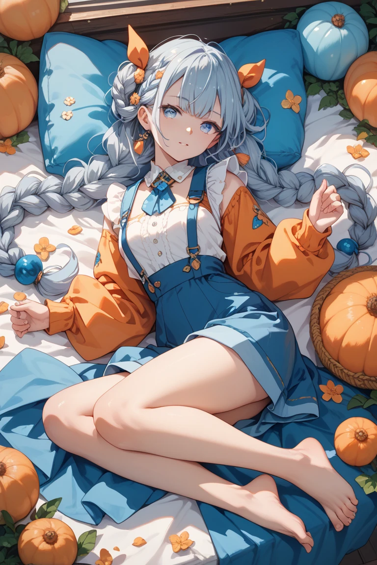 1girl, Orange sleeves, gray hair, fair skin, light blue hair accessories, Blue suspenders, blue clothes, pale blue color eyes, The barefoot, Double up braid