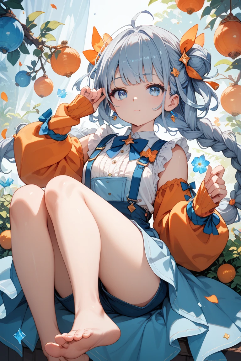 1girl, Orange sleeves, gray hair, fair skin, light blue hair accessories, Blue suspenders, blue clothes, pale blue color eyes, The barefoot, Double up braid