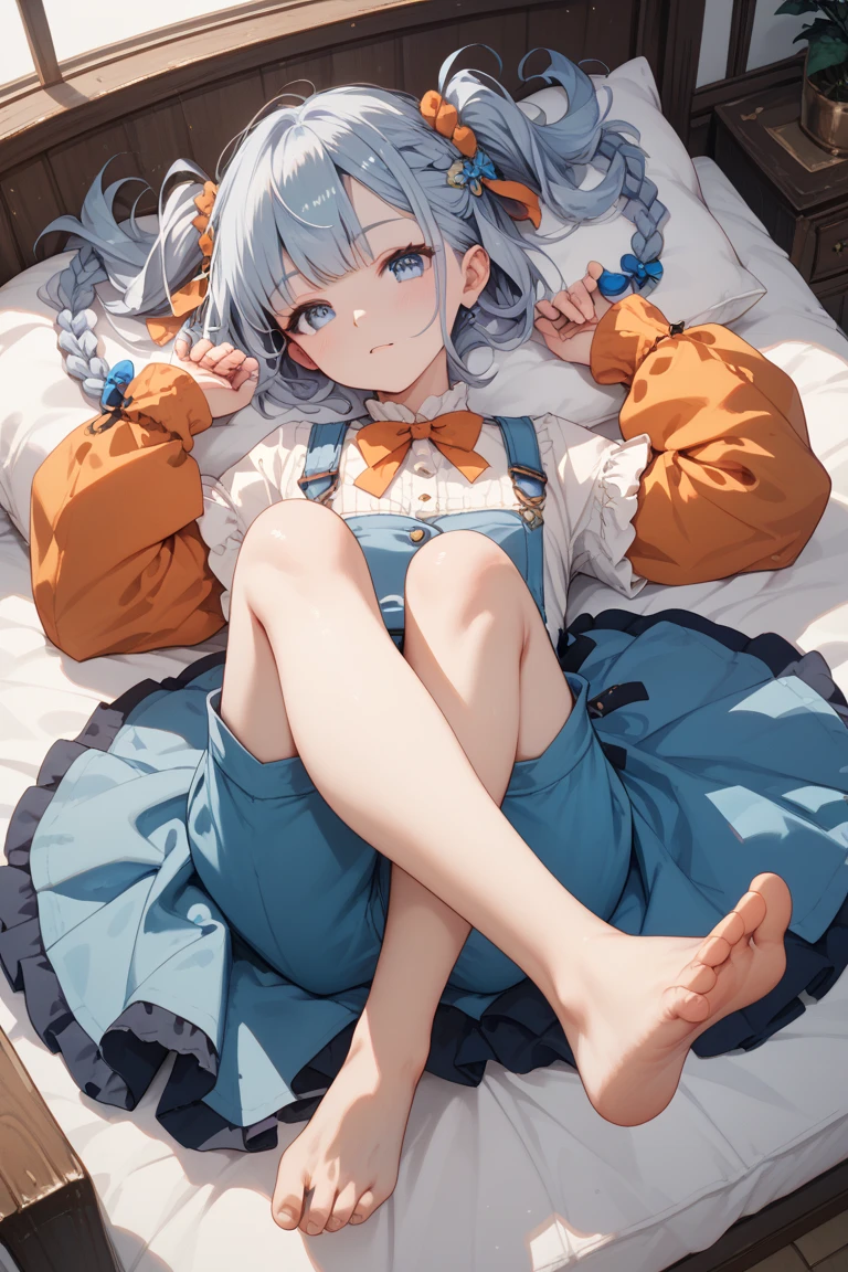 1girl, Orange sleeves, gray hair, fair skin, light blue hair accessories, Blue suspenders, blue clothes, pale blue color eyes, The barefoot, Double up braid