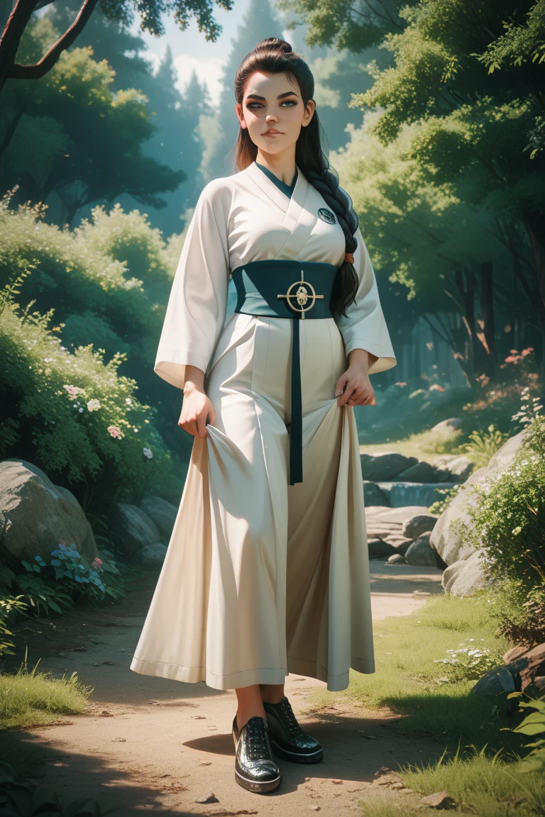 4K, realistic, Very Detailed, there is a girl in the woods, she is a samurai, War theme, Soft clothes, long hair, wearing legging, 25 age old, Full body, Wearing Gucci shoes