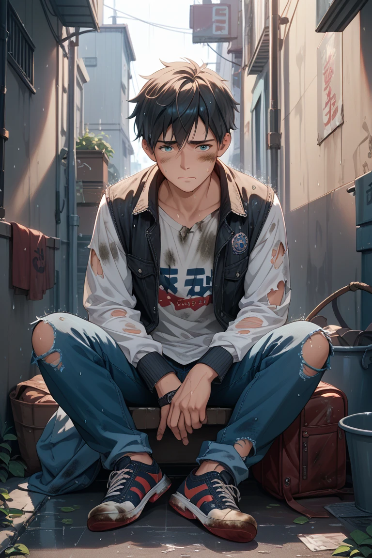 A boy with, Sit in the alley, 's clothes are dirty and torn, Sadness Face, in the rain, natta