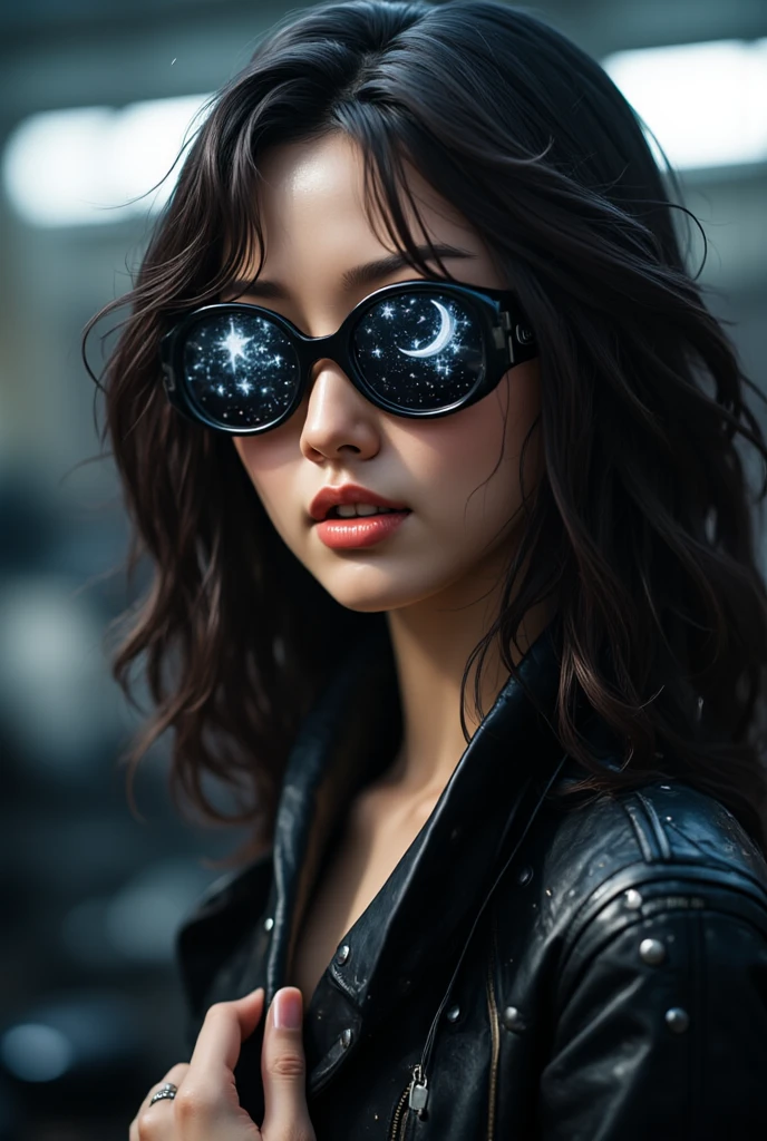 Model wearing glass sunglasses,There are stars and moon on the lens