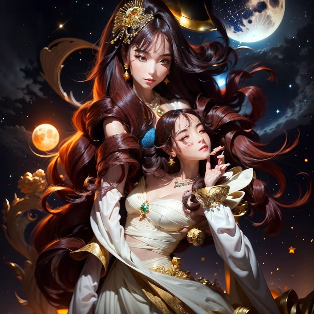Wears exquisite gold earrings and a charming gemstone necklace, The full moon casts a soft glow. Her long , The flowing silver hair is layered on her shoulders, Her characteristics. She wears an elegant white dress,The frills on the sleeves, exudes elegance and serenity. A vibrant cosmic background, The colors of the stars and nebulae, enhance the mystical atmosphere. A woman with a strange sense of beauty stands under the stars {x} Her serene expression and calm posture suggest that celestial bodies get along with the universe. The interplay of light and shadows on her shoulders, create a fantastic, Otherworldly scenes.