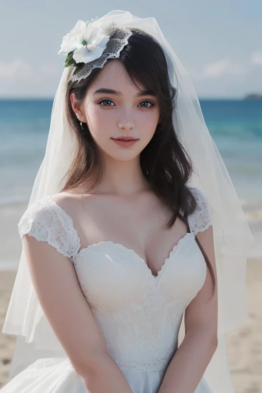 (RAW photos :1.2), (フォトリアリスティック:1.4),(masterpiece:1.3),(best quality:1.4), Ultra High Resolution,HDR,8 thousand, (white lace wedding dress {x} detailed facial features {x} white lace wedding dress {x} detailed facial features {x} white lace wedding dress {x} detailed facial features {x} white lace wedding dress {x} detailed facial features {x} features {x} Extremely detailed illustrations), 1 girl , Delicate and Beautiful Faces, Young girls, with long coiled hair,Smile ,alone, watching viewers,Clear background, on the beach, Depth of field , Natural light ,(see through silhouette),ulzzang-6500-v1.1:0.7