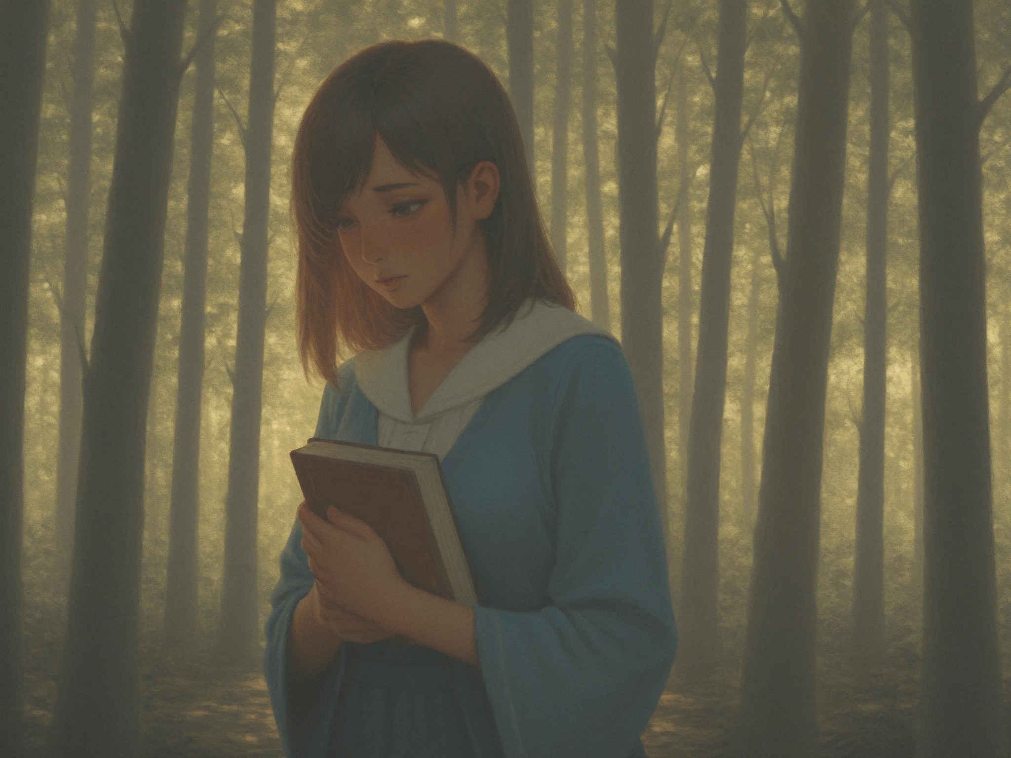 A rich detail、High Quality Realistic Oil Painting,A young woman is walking in the forest,Soft light shines on her face and body,Her slightly shy expression,holding a book in his hands,Her slightly shy expression,HD 4K Ultra delicate,Extremely exquisite and realistic,Professional color matching,Perfect lighting and shadow effects,Dreamy and charming atmosphere。