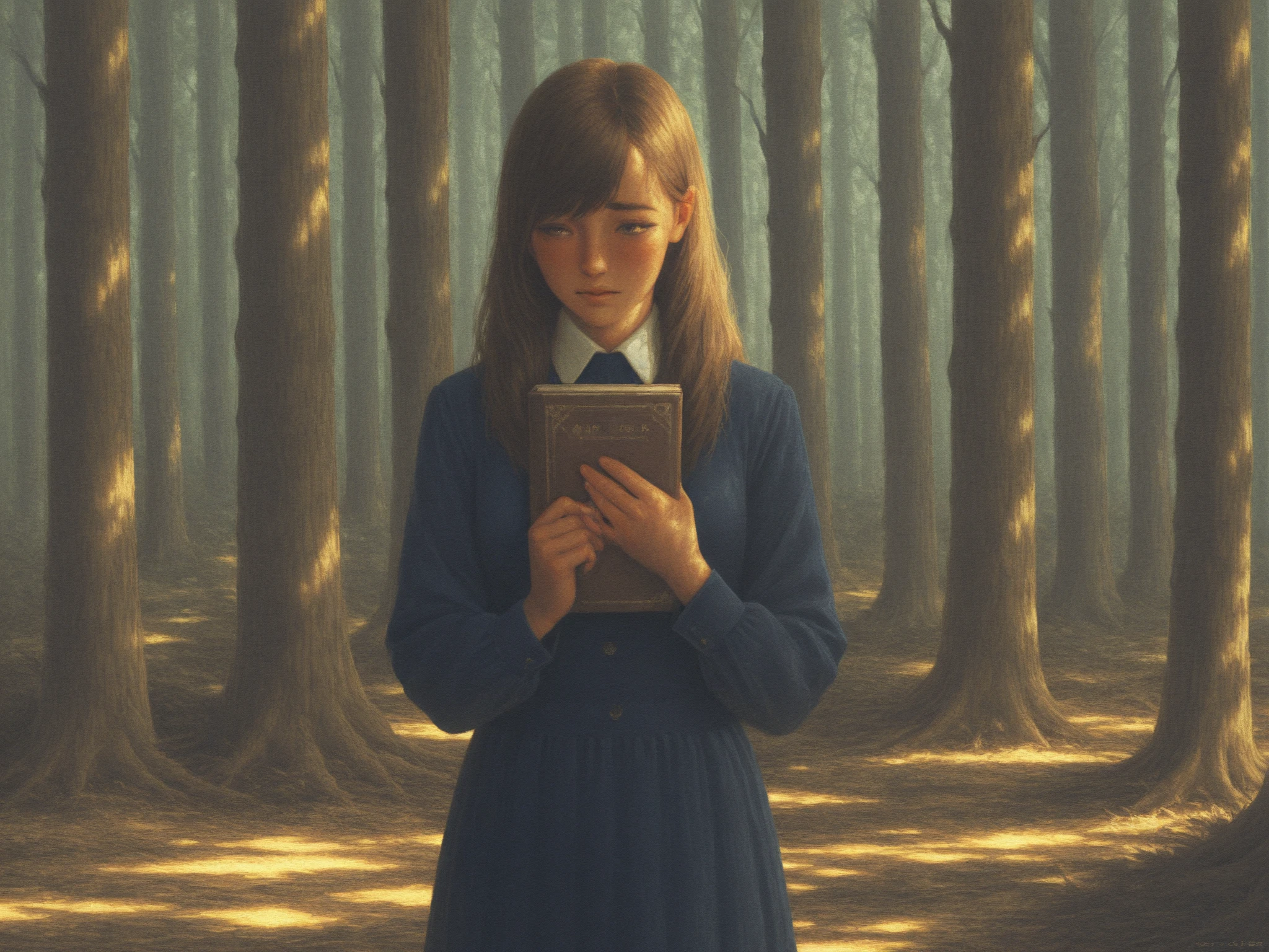 A rich detail、High Quality Realistic Oil Painting,A young woman is walking in the forest,Soft light shines on her face and body,Her slightly shy expression,holding a book in his hands,Her slightly shy expression,HD 4K Ultra delicate,Extremely exquisite and realistic,Professional color matching,Perfect lighting and shadow effects,Dreamy and charming atmosphere。