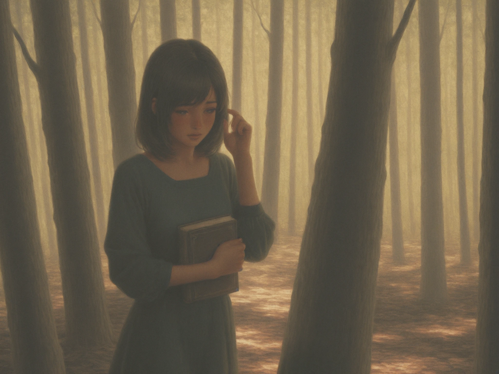 A rich detail、High Quality Realistic Oil Painting,A young woman is walking in the forest,Soft light shines on her face and body,Her slightly shy expression,holding a book in his hands,Her slightly shy expression,HD 4K Ultra delicate,Extremely exquisite and realistic,Professional color matching,Perfect lighting and shadow effects,Dreamy and charming atmosphere。