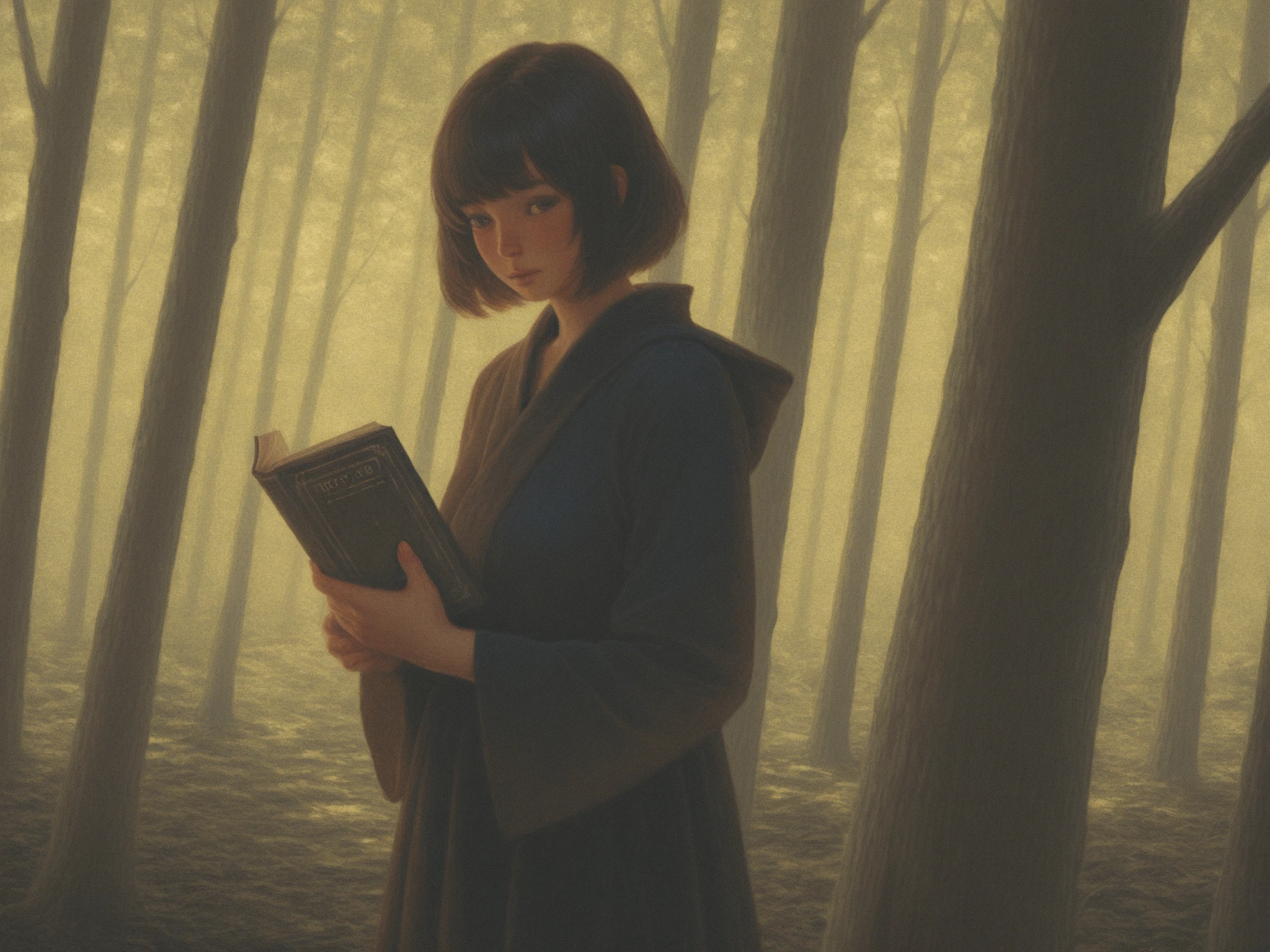 A rich detail、High Quality Realistic Oil Painting,A young woman is walking in the forest,Soft light shines on her face and body,Her slightly shy expression,holding a book in his hands,Her slightly shy expression,HD 4K Ultra delicate,Extremely exquisite and realistic,Professional color matching,Perfect lighting and shadow effects,Dreamy and charming atmosphere。