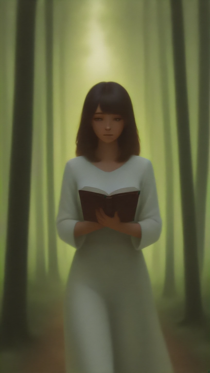 rich details、High Quality Realistic Oil Painting,A young woman walking in the forest,Soft light shines on her face and body,Her slightly shy expression,Holding a book in both hands,Her slightly shy expression,4K Ultra HD Exquisite,Extremely exquisite and realistic,Professional color matching,Perfect light and shadow effects,Dreamy and charming atmosphere。