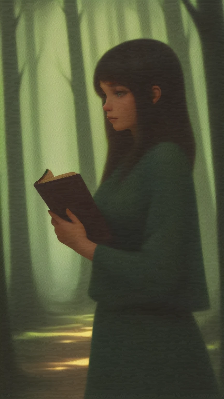 rich details、High Quality Realistic Oil Painting,A young woman walking in the forest,Soft light shines on her face and body,Her slightly shy expression,Holding a book in both hands,Her slightly shy expression,4K Ultra HD Exquisite,Extremely exquisite and realistic,Professional color matching,Perfect light and shadow effects,Dreamy and charming atmosphere。