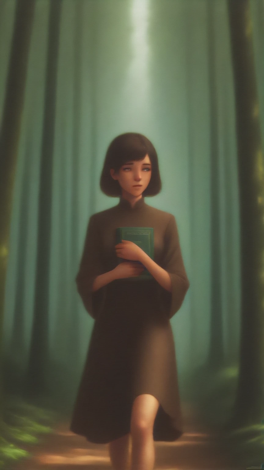 rich details、High Quality Realistic Oil Painting,A young woman walking in the forest,Soft light shines on her face and body,Her slightly shy expression,Holding a book in both hands,Her slightly shy expression,4K Ultra HD Exquisite,Extremely exquisite and realistic,Professional color matching,Perfect light and shadow effects,Dreamy and charming atmosphere。