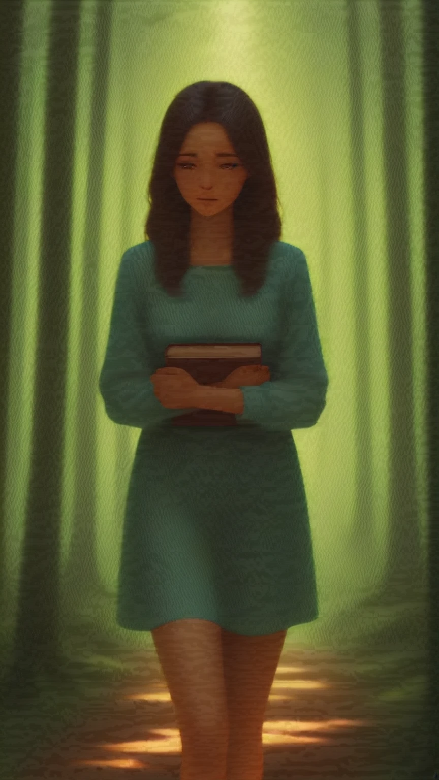 rich details、High Quality Realistic Oil Painting,A young woman walking in the forest,Soft light shines on her face and body,Her slightly shy expression,Holding a book in both hands,Her slightly shy expression,4K Ultra HD Exquisite,Extremely exquisite and realistic,Professional color matching,Perfect light and shadow effects,Dreamy and charming atmosphere。