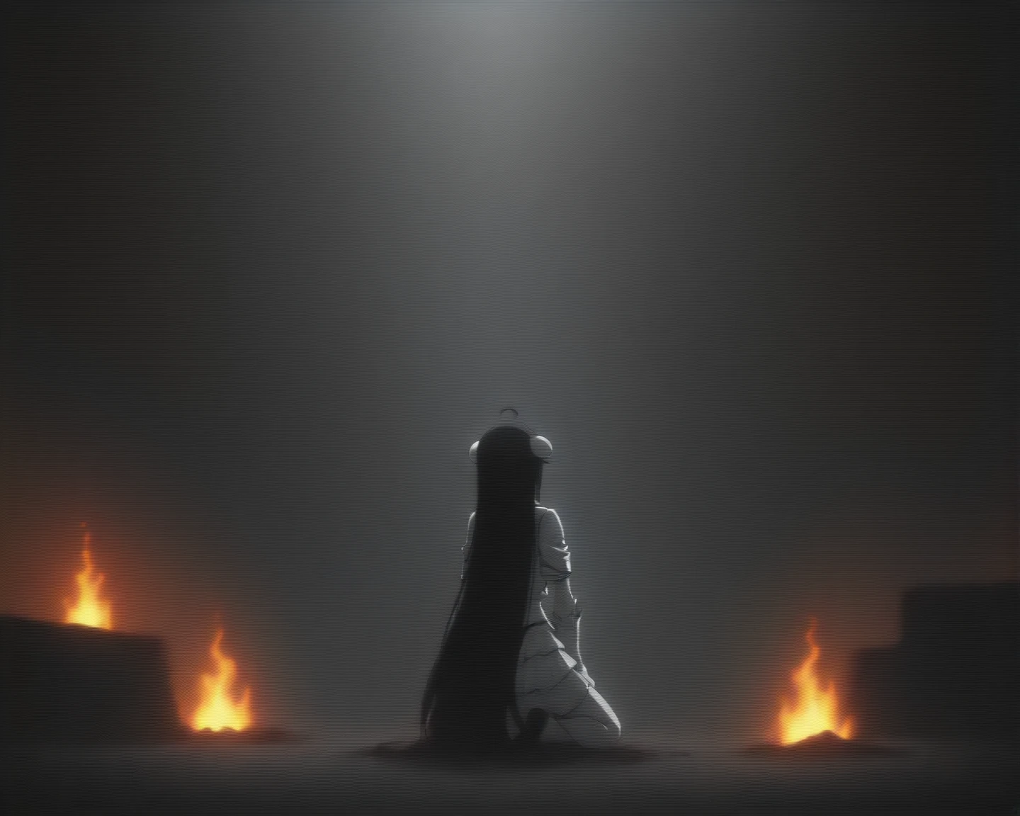masterpiece, PremiumQuality, Anime Girl Kneeling, Anime Girl Kneeling, White Nazi SS, 4k manga wallpapers, bleached, Insect Repellent, Chatire Blood, Cool Anime 8K, gapmoe Sick, Sick, Background is a ruined city and fire {x} from Albedo from Anime Overlord, macabre smile, guffaw, Horny Laughter, Black hair Long hair, white mini-skirt, White long-sleeved military uniform