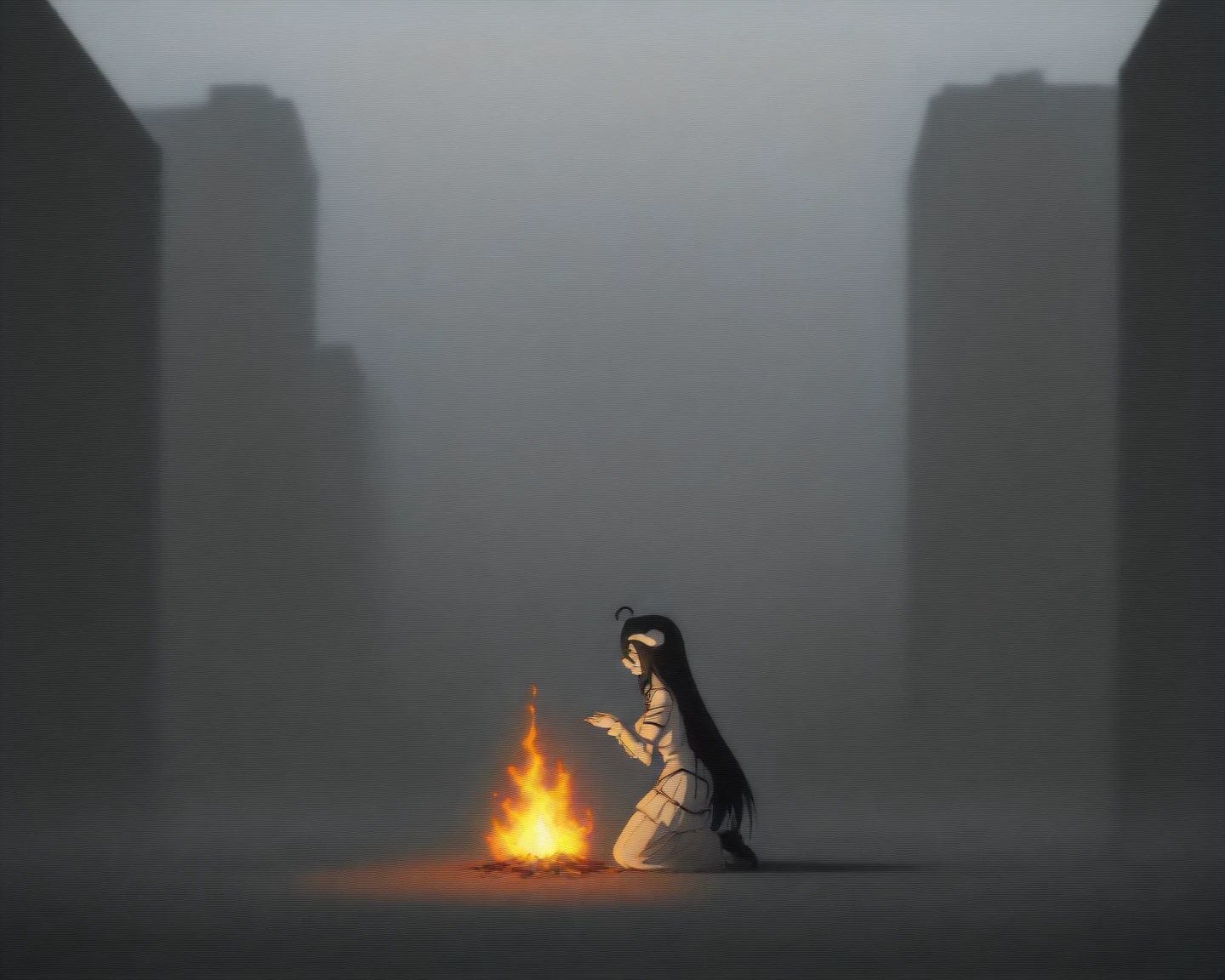 masterpiece, PremiumQuality, Anime Girl Kneeling, Anime Girl Kneeling, White Nazi SS, 4k manga wallpapers, bleached, Insect Repellent, Chatire Blood, Cool Anime 8K, gapmoe Sick, Sick, Background is a ruined city and fire {x} from Albedo from Anime Overlord, macabre smile, guffaw, Horny Laughter, Black hair Long hair, white mini-skirt, White long-sleeved military uniform