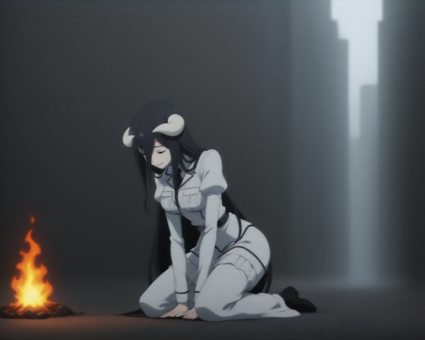 masterpiece, PremiumQuality, Anime Girl Kneeling, Anime Girl Kneeling, White Nazi SS, 4k manga wallpapers, bleached, Insect Repellent, Chatire Blood, Cool Anime 8K, gapmoe Sick, Sick, Background is a ruined city and fire {x} from Albedo from Anime Overlord, macabre smile, guffaw, Horny Laughter, Black hair Long hair, white mini-skirt, White long-sleeved military uniform