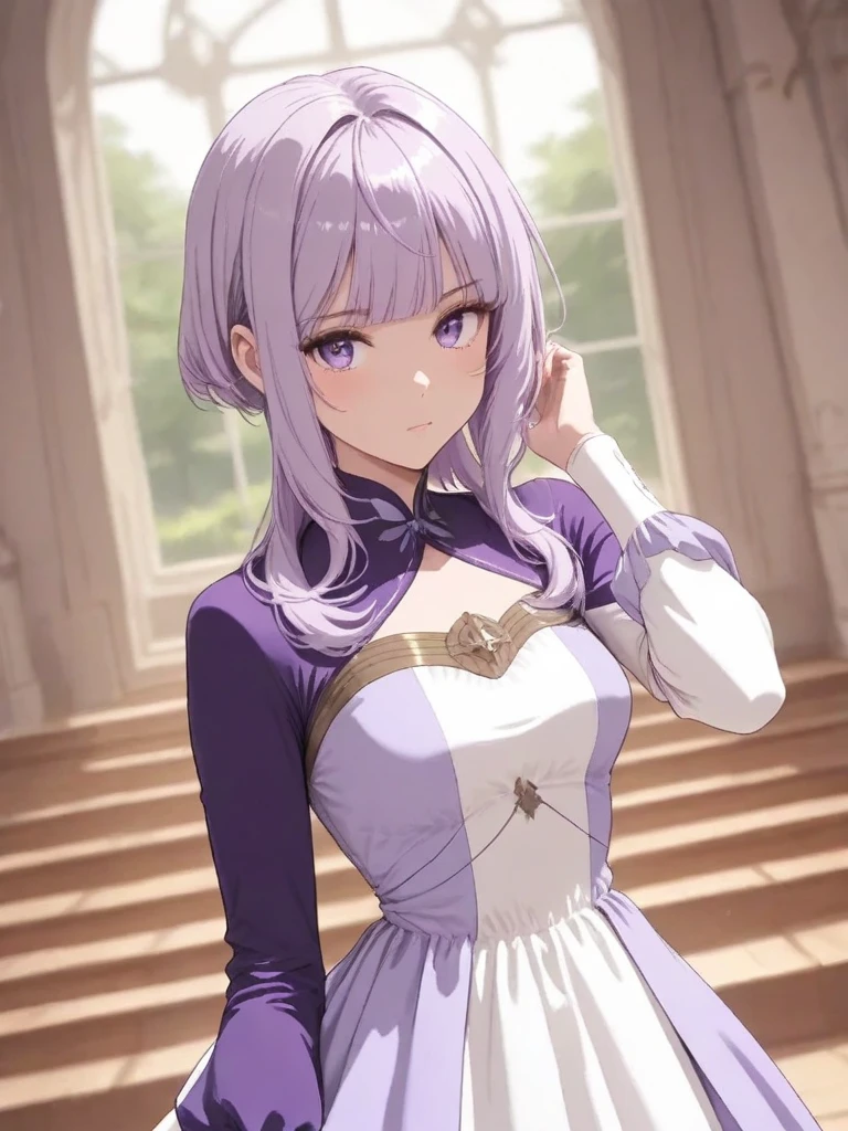 (masterpiece, best quality:1.2), 1girl, solo,philia adenauer,
purple hair,ahoge,long hair,blunt bangs,hair over shoulder,hair betveen eyes,purple eyes,small breasts,
dress,two-tone dress,purple dress,white dress,sidelocks,long sleeves,