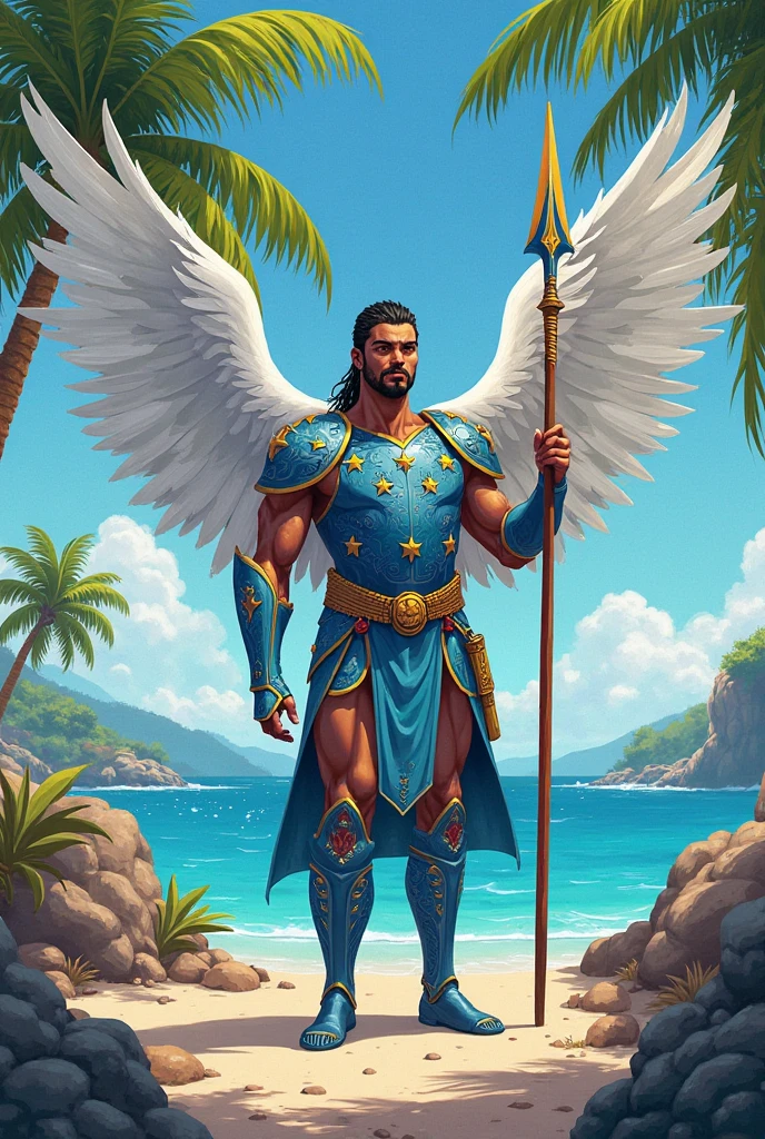 Hermes picture with a fortune ring, wearing an island outfit, and wings.
