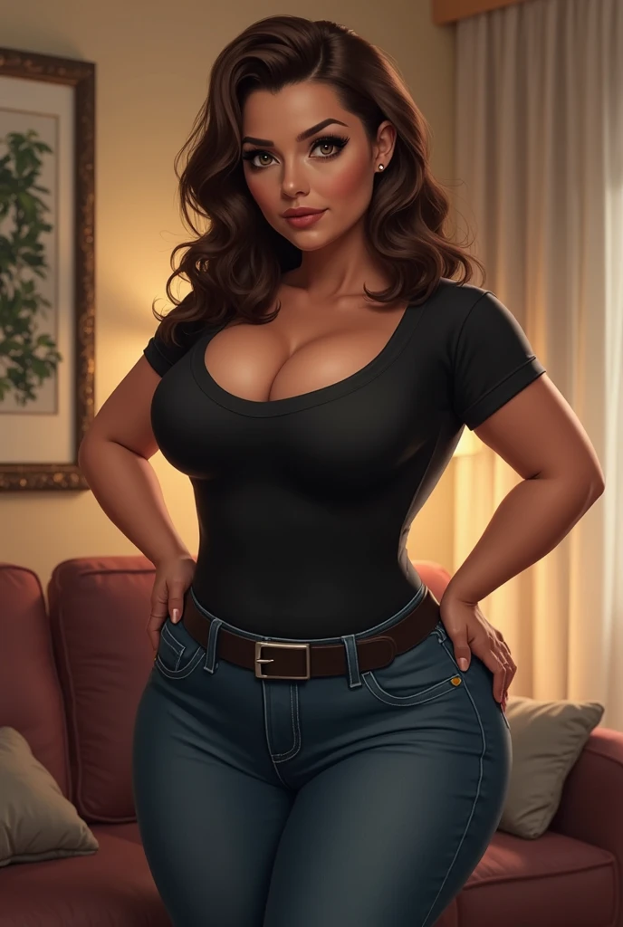 Lucy Pinder, portrait, Face portrait, red lips, smiling, cleavage, Voluptuous woman, Chubby woman, straight hair, black hair, Hair tied all in a chignon, hat, tank top, green t-shirt, short jeans.