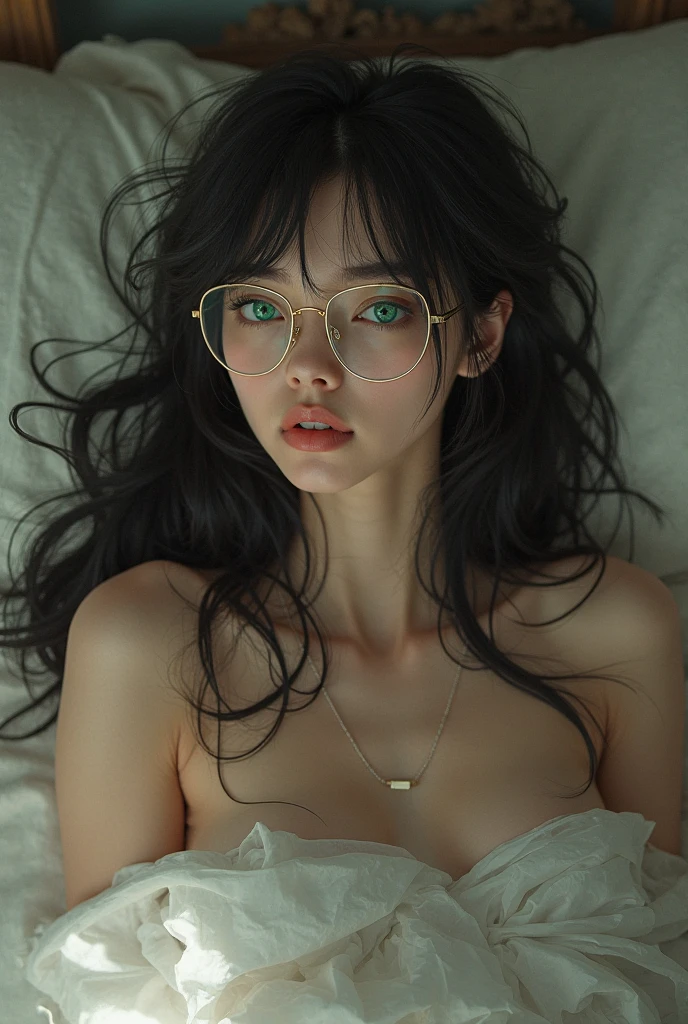(masterpiece, best quality), 1girl, messy hair, choker, black silk pajamas, see-through, glasses, <lora:add_detail:1>