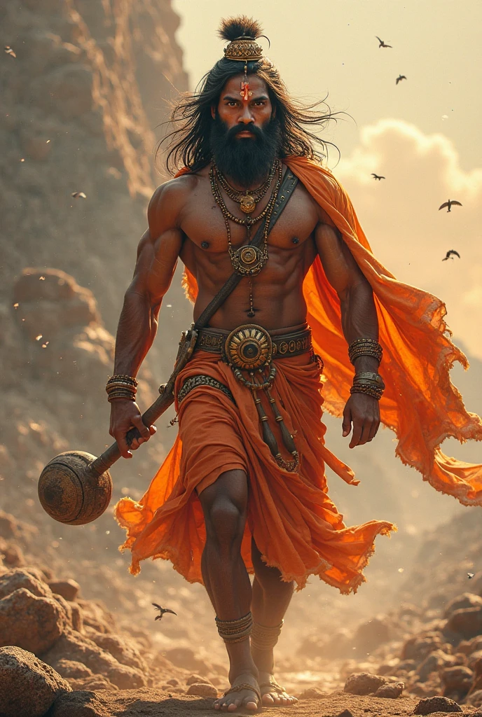 Create a lord Hanuman attitude and one tell, full HD powerful image. Blue eyes and six pack background blur. Full body Hanuman. Cloth orange color. Gale mein Rudraksh and hand mein Rudraksh.
