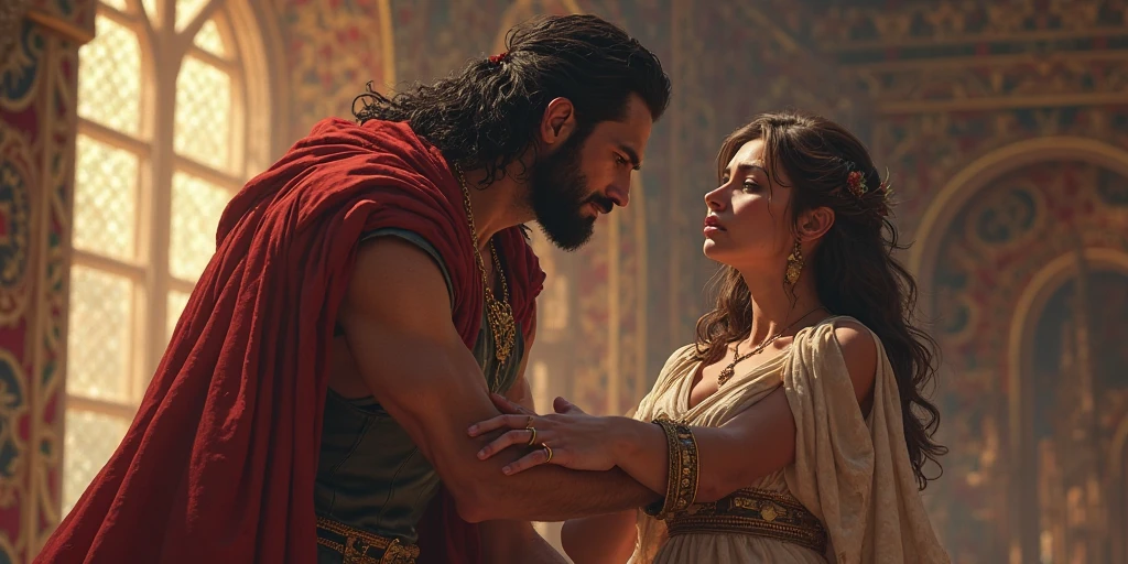"Portray a nostalgic and majestic scene inside an ancient castle, where King David and Bathsheba are together. Davi, wearing armor rich in details and golden adornments, must show an expression of love and contemplation. Next to you, Bate-Seba, with an elegant, draped dress that reflects the soft candlelight around, look at him tenderly. The environment must be cozy, with luxurious tapestries on the walls, large windows that let sunlight in and a background that suggests the grandeur of the kingdom. Include symbolic elements that represent love, royalty and the complexity of its history."