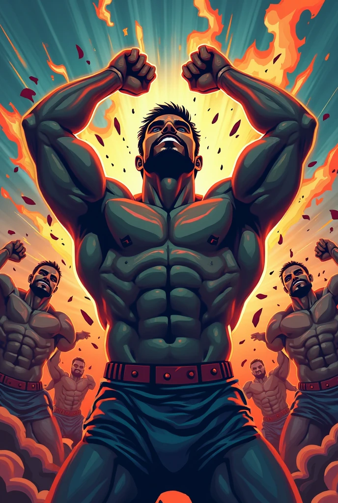 Robust champion man, torso exposed, legs bare from thighs to feet flowing long curls, meticulous muscle definition, lifelike representation, 4K resolution. Background: Stadium filled with cheering spectators,32k uhd, best quality, masterpiece, super detail, high details