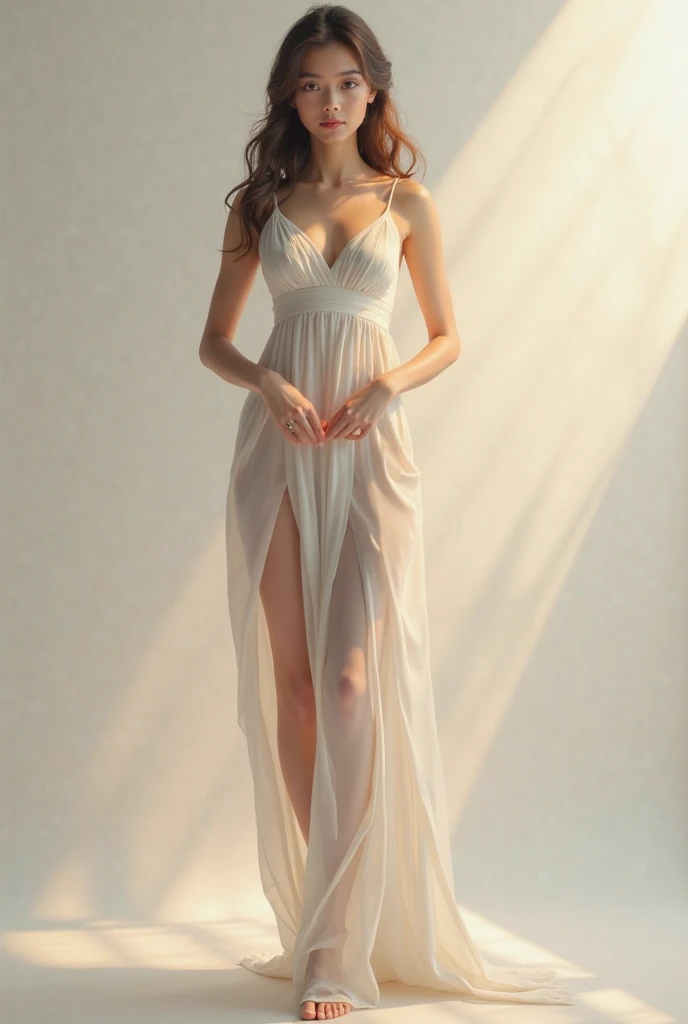 Full body of a very cute girl standing in a temple of an ancient civilization,Sex Appeal,A physically mature 15-year-old girl,glamorous,skinny,slender,Wearing a pure white see-through dress,Ultra-high resolution,masterpiece,Long eyelashes,Fine grain,double eyelid,If you look at this,Highest quality,Highest quality,Realistic,Big Breasts,Perfect proportions,Narrow waist,Perfect body,Semi-long hair,Earrings,Disheveled and unkempt hair,Light brown hair,Long legs,Functional,