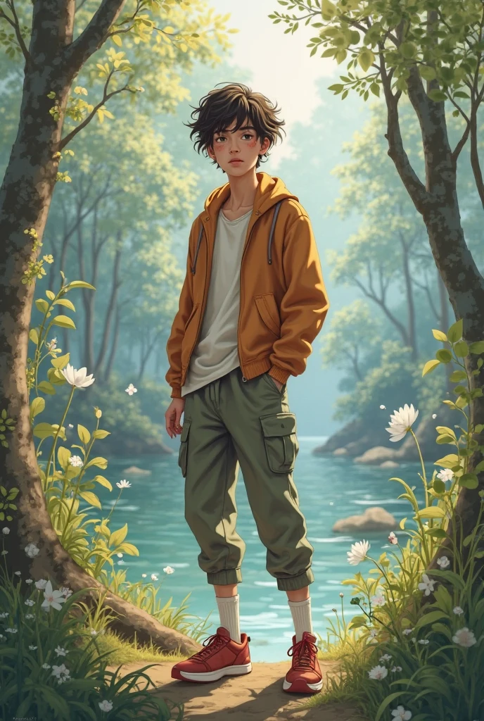 1boy, Harry Potter, full body photo, outing, eating watermelon, drinking Coca-Cola, flowers and trees, small rivers