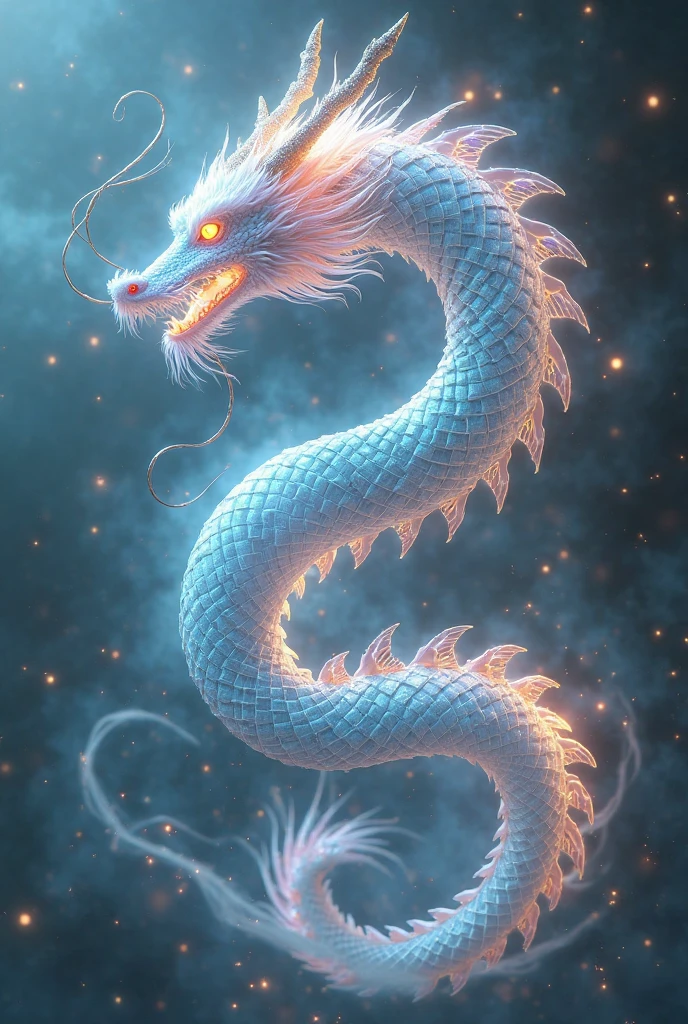 Fantacy glowing floating dragon made up of vibrant transparent smoke,
close up , vibrant colour