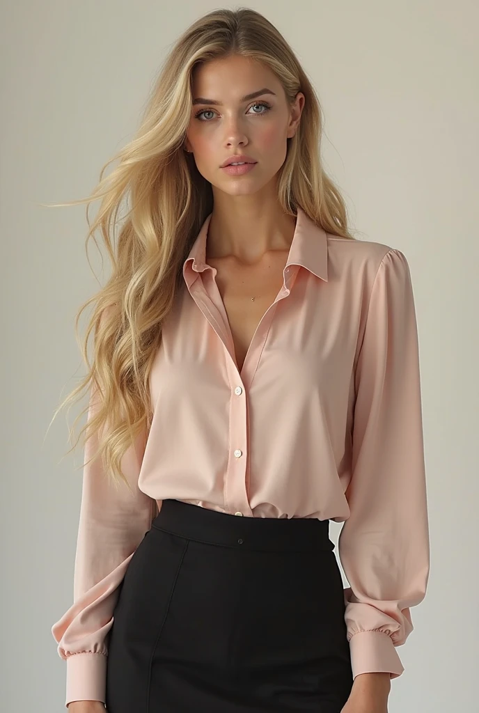 Lena Gercke wearing a double-colored shirt with a neckline and pants and smiling