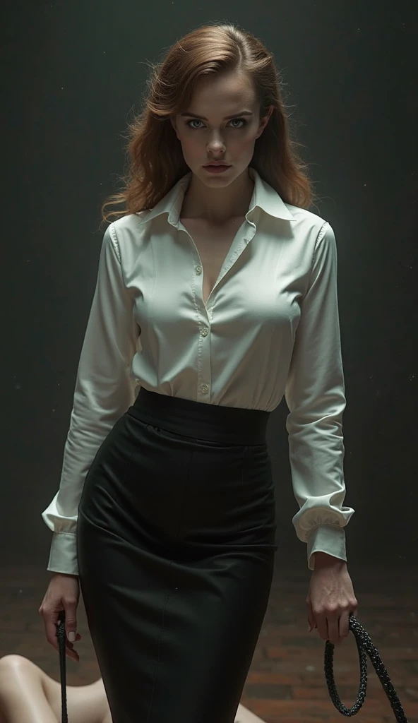 a woman in a suit, belt, hands behind back, sweating, suspenders, black pants, sexly, large breasts, see-through clothing,, detective, office worker, white button-up shirt, (best quality,4K,8k,highres,masterpiece:1.2),ultra-detailed,(realistic,photorealistic,photo-realistic:1.37),hyper-detailed,highly detailed face and body, Slender　thin　suspenders　Moderate breasts　See-through shirt　Nipples　holster　chain　Pistol　Armament　criminal　Female criminal　knife　japanese　profile　Japanese women　arrested handcuff　Cable tie on thumb　Constraints
