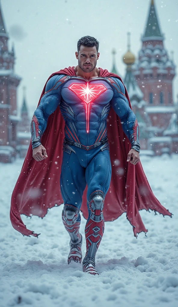 Full body photorealistic handsome hunky masculine clean shaven CB,,unreal engine, extremely attractive male wearing very white and red scales transparent mesh bodysuit, with belt and gloves and white leather cape,, with embosed " SI" on the chest, ,extremely masculine physique, intricately super bulge, realistic skin, in action, justice league headquarters as background