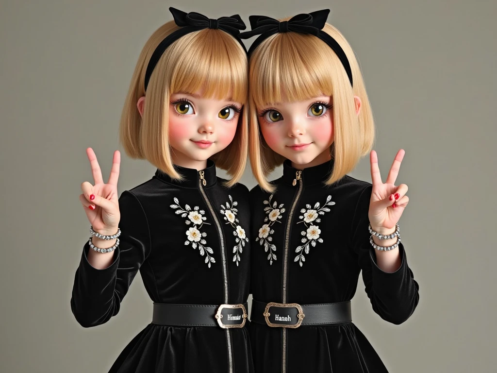 CHILDREN GIRLS, BLONDES WITH VERY LONG STRAIGHT HAIR, BLACK FUR COAT, RED BACKGROUND.