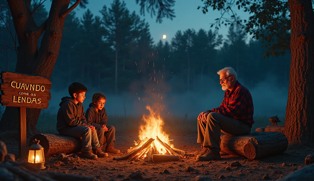 indigenous elder telling stories around a campfire to children