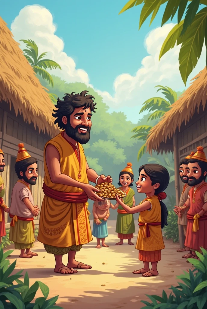 Ramū with his family, gathered in front of their small home, enjoying a simple meal together. The family is happy and content, surrounded by baskets of freshly harvested crops. Ramū looks at his family with pride and relief, knowing that he has secured their future."
