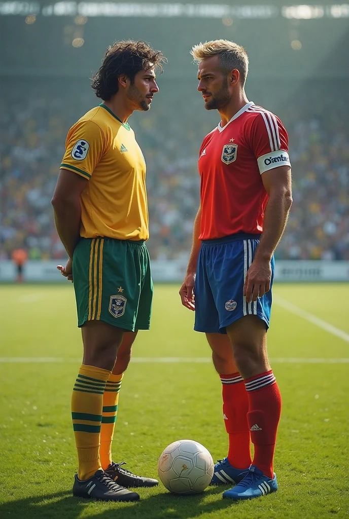 A muscular Iranian football player with hairy chest hair and beard, wearing the uniform of the El Salvador national football team, shaking hands with the Brazilian player wearing the Brazilian national football team uniform. 