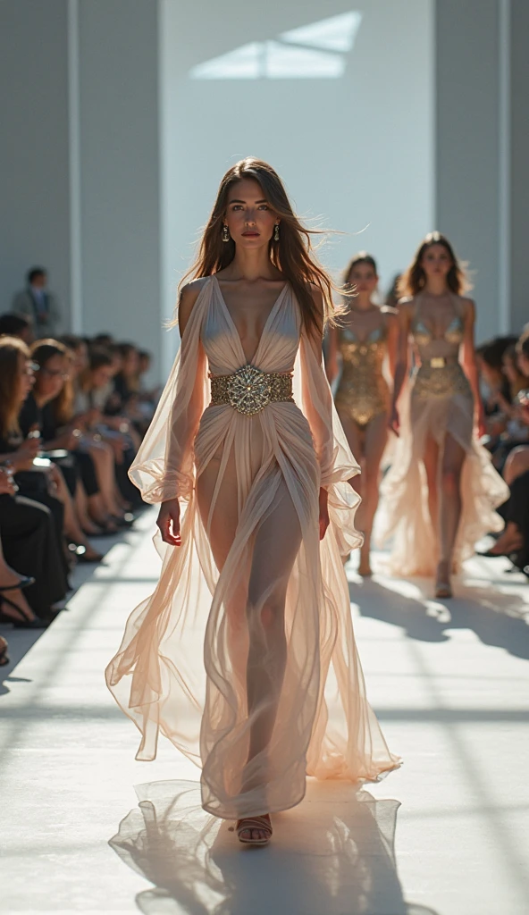 a shot of medium distance: a blonde brunette two supermodels posing relaxed on a fashion catwalk. gala dresses rich decoration. high quality,8k,32k UHD,realistic lighting. bonita sonrisa, perfect photo, no errors.
