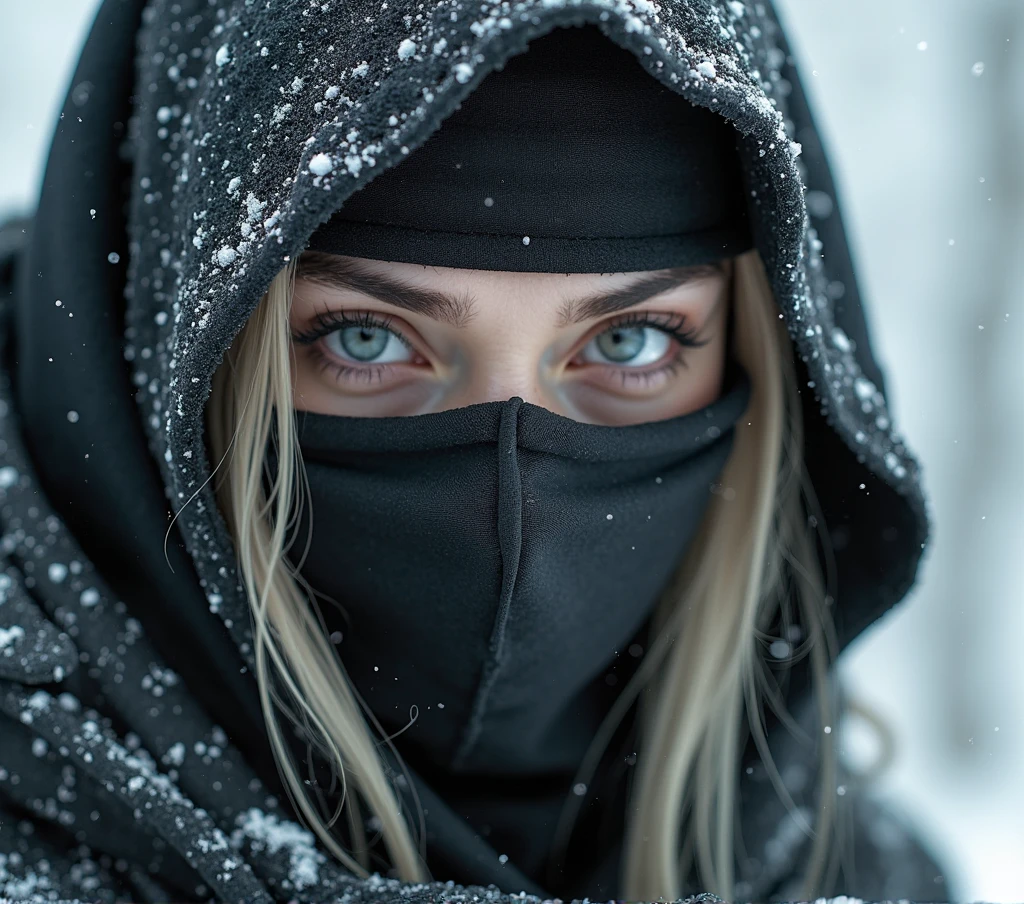 a close up of a person with a blindfolded black mask on, in style of luis royo, the piercing stare of yuki onna, 3 d character render, cyberpunk assassin, elvish blonde male warrior, tuareg, she is dressed in shaman clothes, an edgy assassin overseer, white snow, geisha, white ink, beautiful gorgeous digital art, cinematic