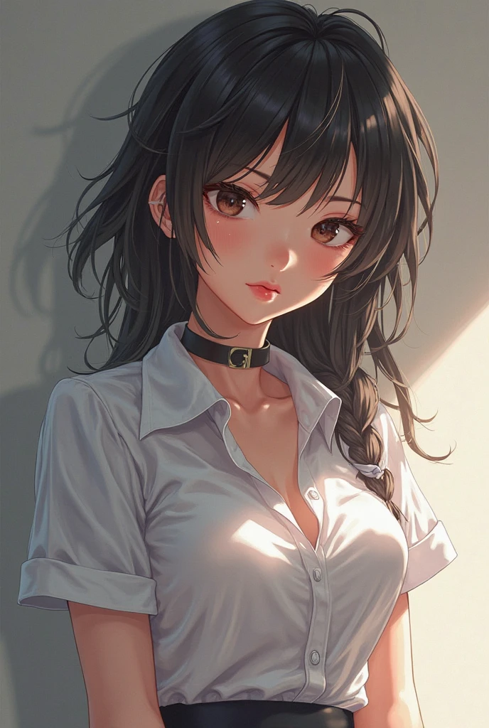 Sexy girl,long ponytail, school dress, midium ,3 buttons open at the chest