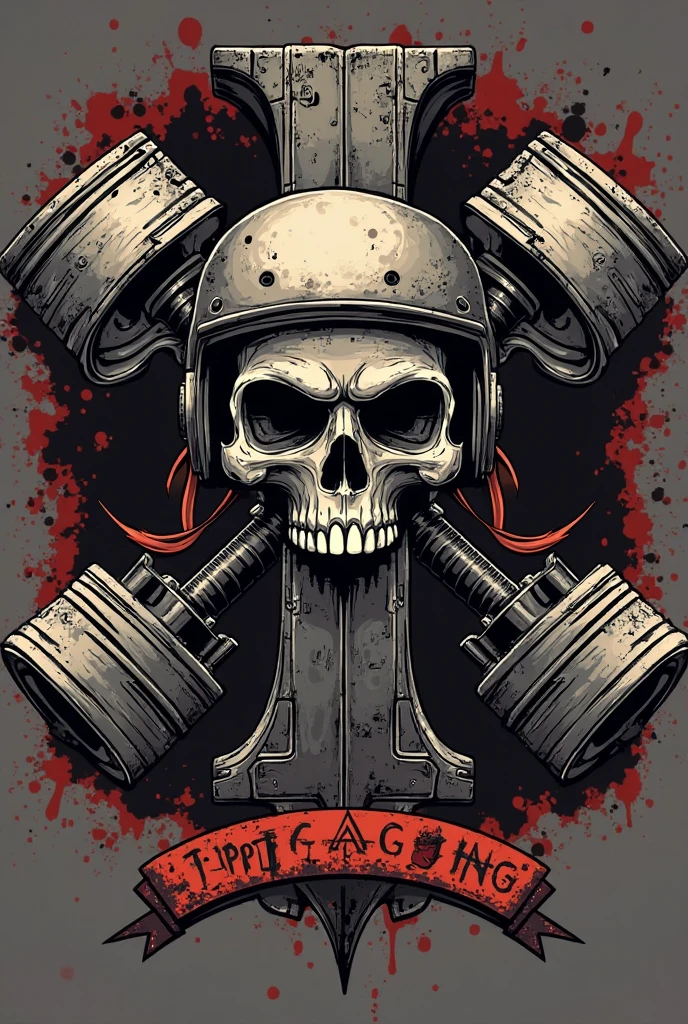 T-shirt design, two crossed pistons with a skull, vector art inspired by Ed Roth, featured on behance, conceptual artwork, garage, heavy metal t-shirt design,T-shirt design