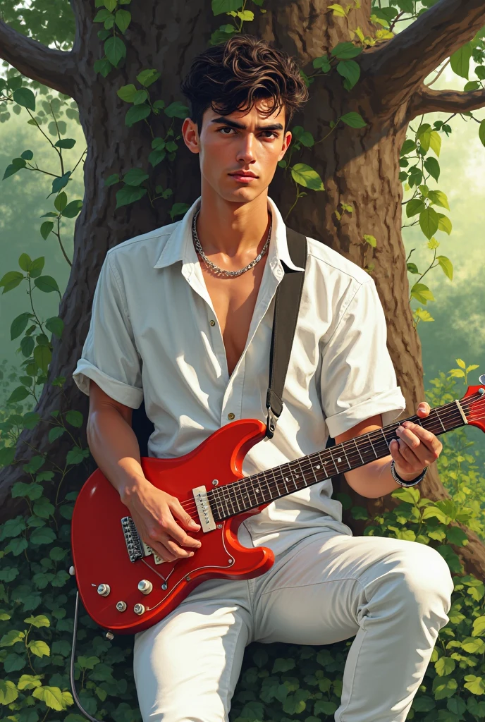 1 man, muscular body, 18 years old, wearing no shirt, half body naked, and black thong, vibrant and energetic, playing guitar passionately, surrounded by a lush green garden with colorful flowers in bloom. (best quality,4k,8k,highres,masterpiece:1.2), ultra-detailed, (realistic,photorealistic,photo-realistic:1.37) medium, bokeh, portraits, vivid and warm color palette, sunset lighting.