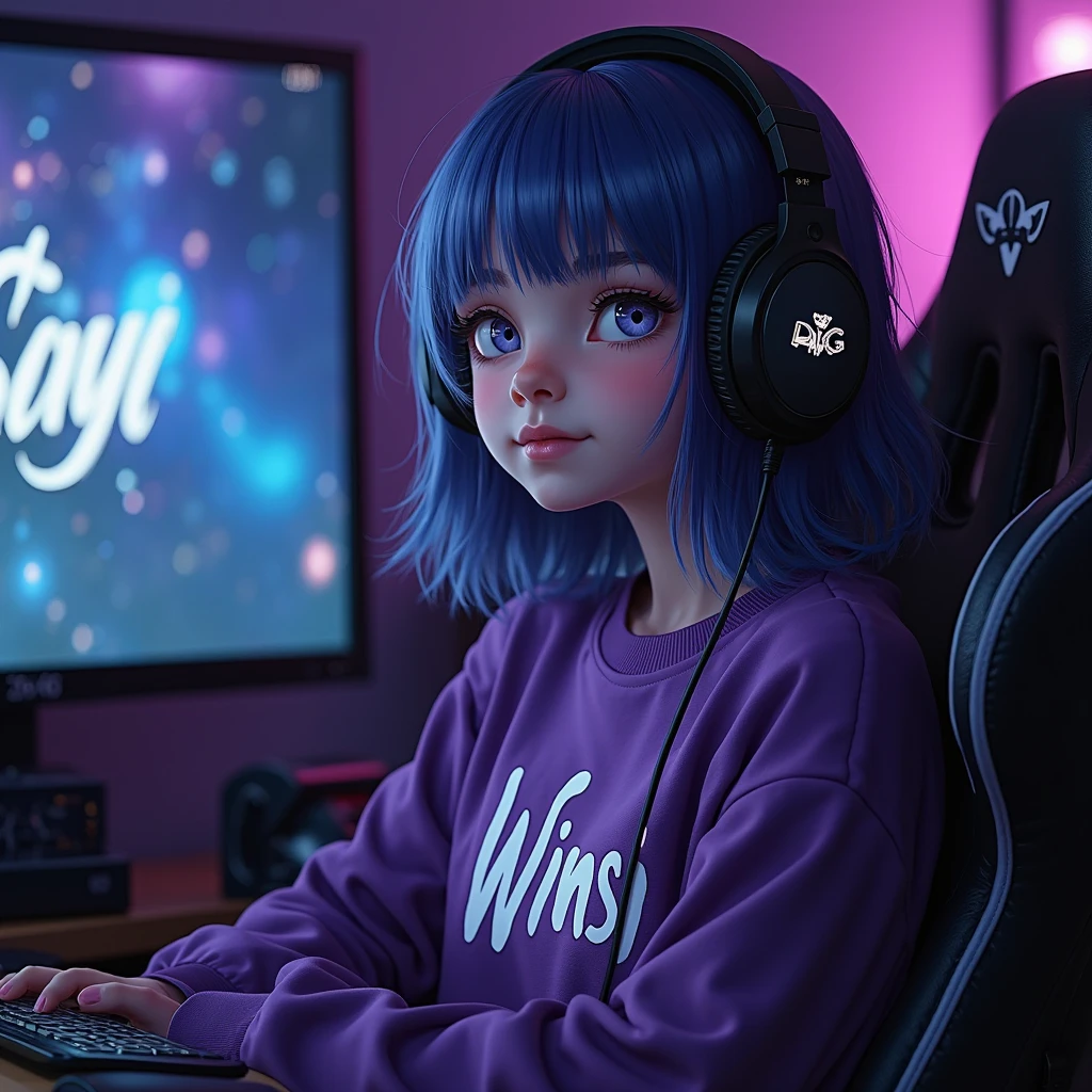 loli, playing computer, rgb room, use heedset,