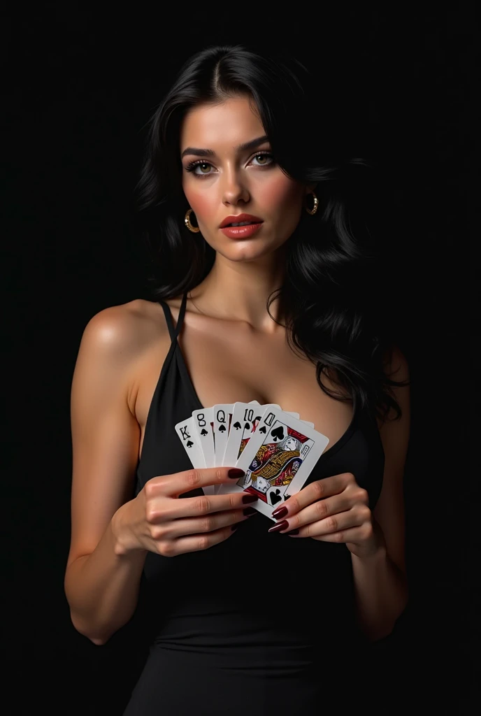 woman wearing gown, holding playing cards, casino players in the background,