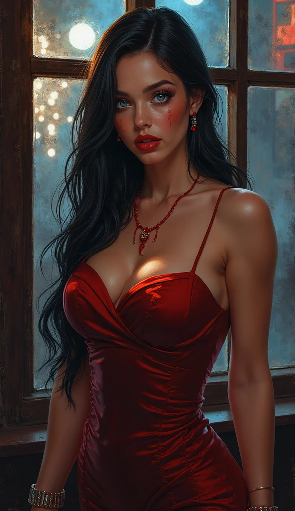 (Incredibly detailed, beautiful detailed face, beautiful masterpiece body, best quality), Sexy, flirtatious vampire woman, Jessica Rabit, smiling shows vampire butts, Tim Burton's Bride movie style