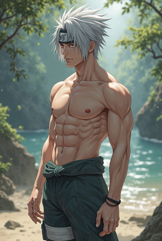 anime character, White hair, spiky hair, Pale skin, red eyes, Long white eyelashes, male, muscular, white small earrings, big glossy lips, no shirt, walking out of lake