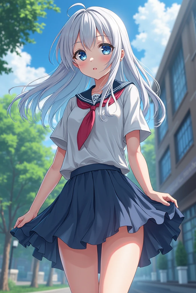 The wind is blowing my skirt away。Running up the stairs。Anime uniform girl。The lining of the skirt is visible。White underwear is visible。Pokemon Girl。Low Angle。The wind is blowing my skirt away。