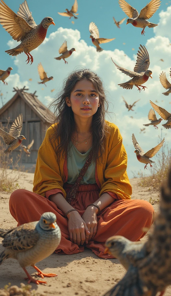 The little girl with long hair hides under the tree to enjoy the cool and happily plays with the sparrows