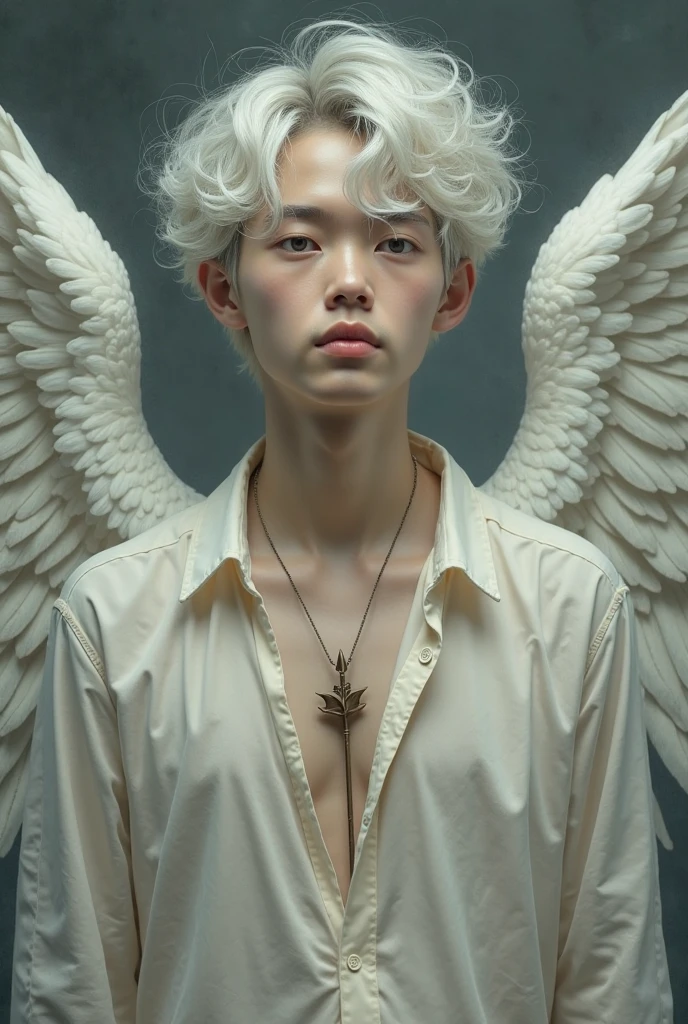 Imagine an albino man, extremely pale skin, almost translucent, Platinum white hair, thin lips with a light pink tone, he has wings, one white and the other black, He has defined muscles , He has a beautiful face